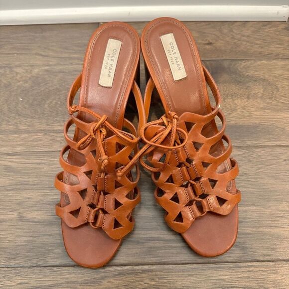 Cole Haan Brown Leather Lace Up Slip On Stacked Heel Sandals - Size 8 - EUC - Picture 1 of 6